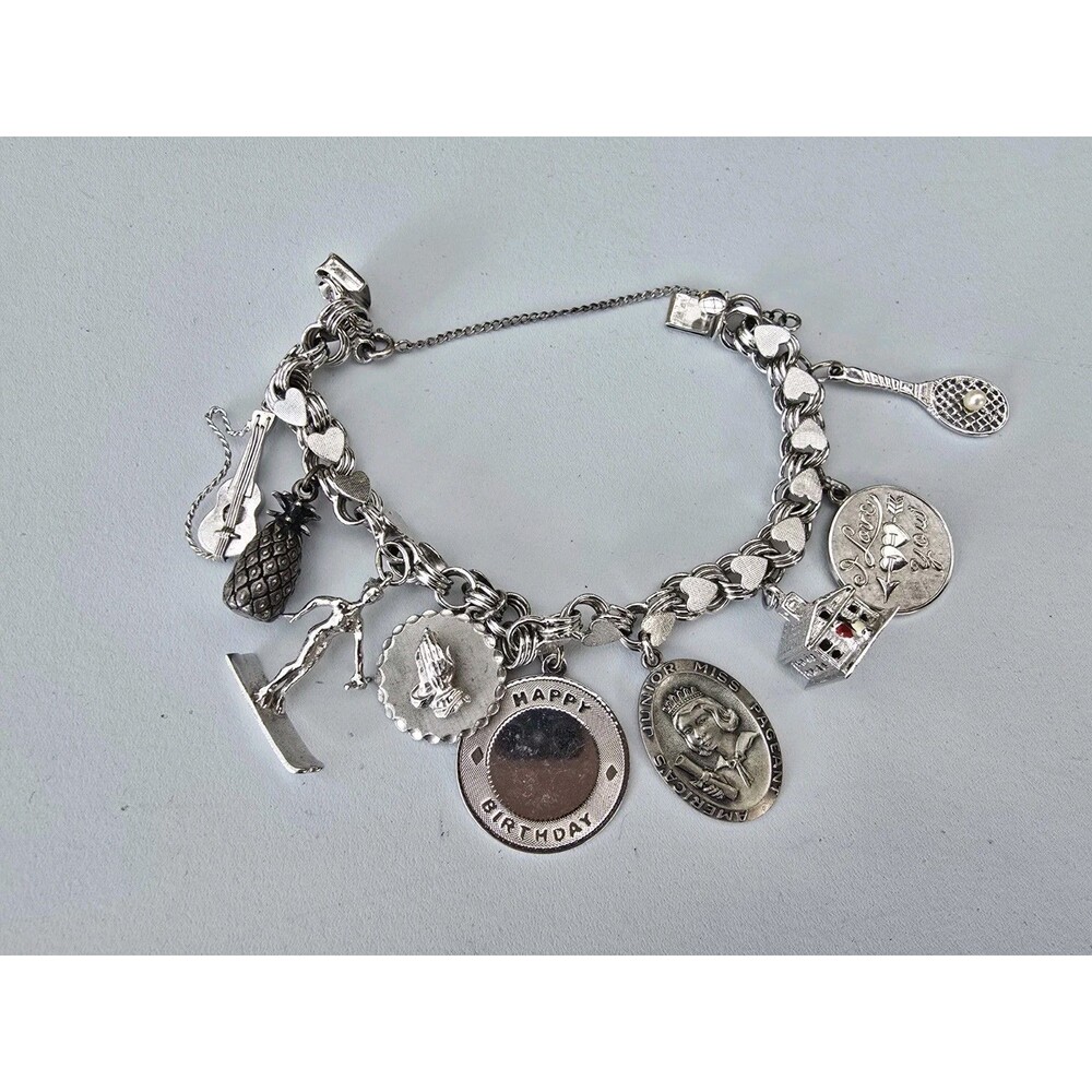 Vintage JB Jacoby Bender Sterling Silver Hearts Charm Bracelet Skater Guitar